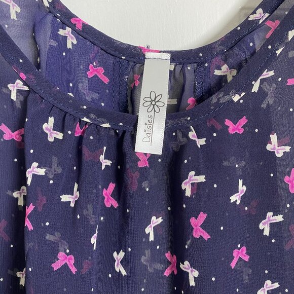 Daisies Pink White Ribbon Bow Printed Sheer Swing Navy Tank Size Medium - Picture 6 of 10